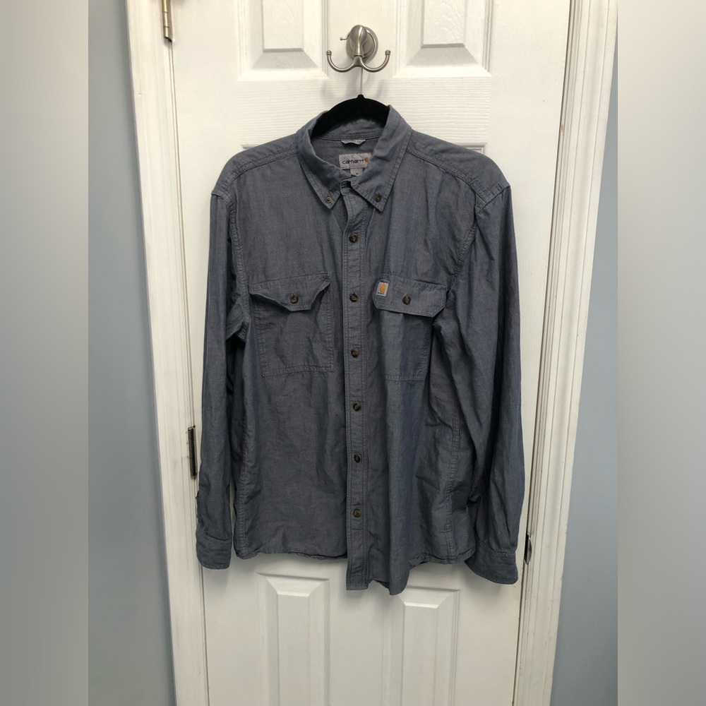 Carhartt Men Medium Original Fit Blue Chambray Button Up Long Sleeve Shirt Work